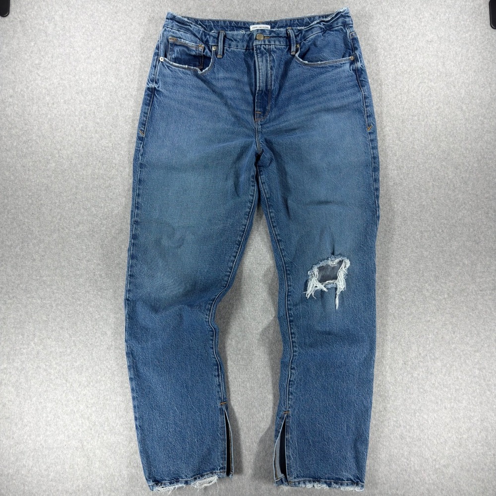Good American Good Boy High Rise Straight Distressed Jeans Blue Size 14/32